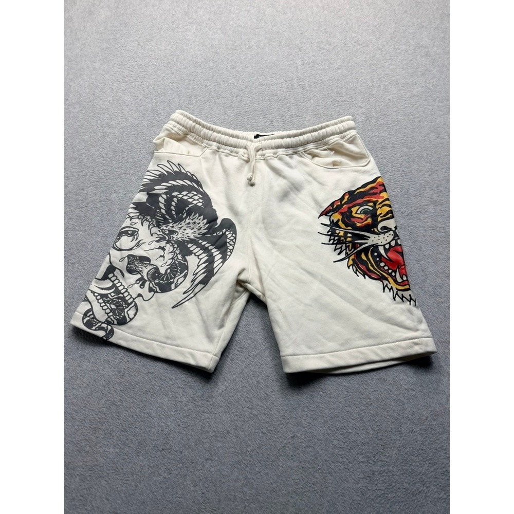 Ed Hardy Mens Sweat Shorts Cream Graphic Tiger Skull Eagle Tattoo Art